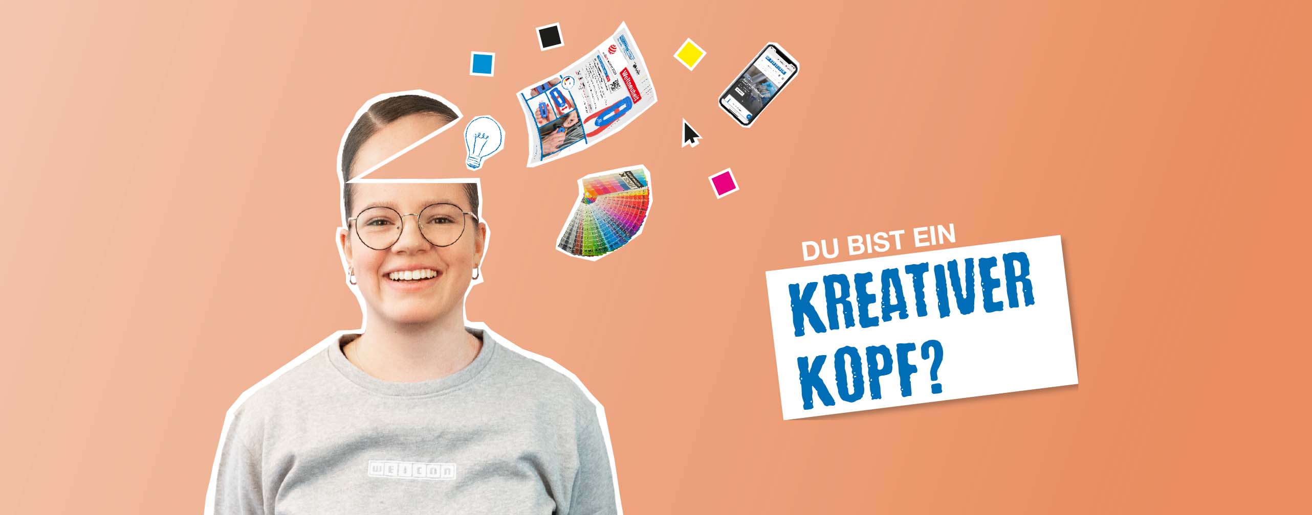 Eine lachende junge Frau, die über Farben nachdenkt.