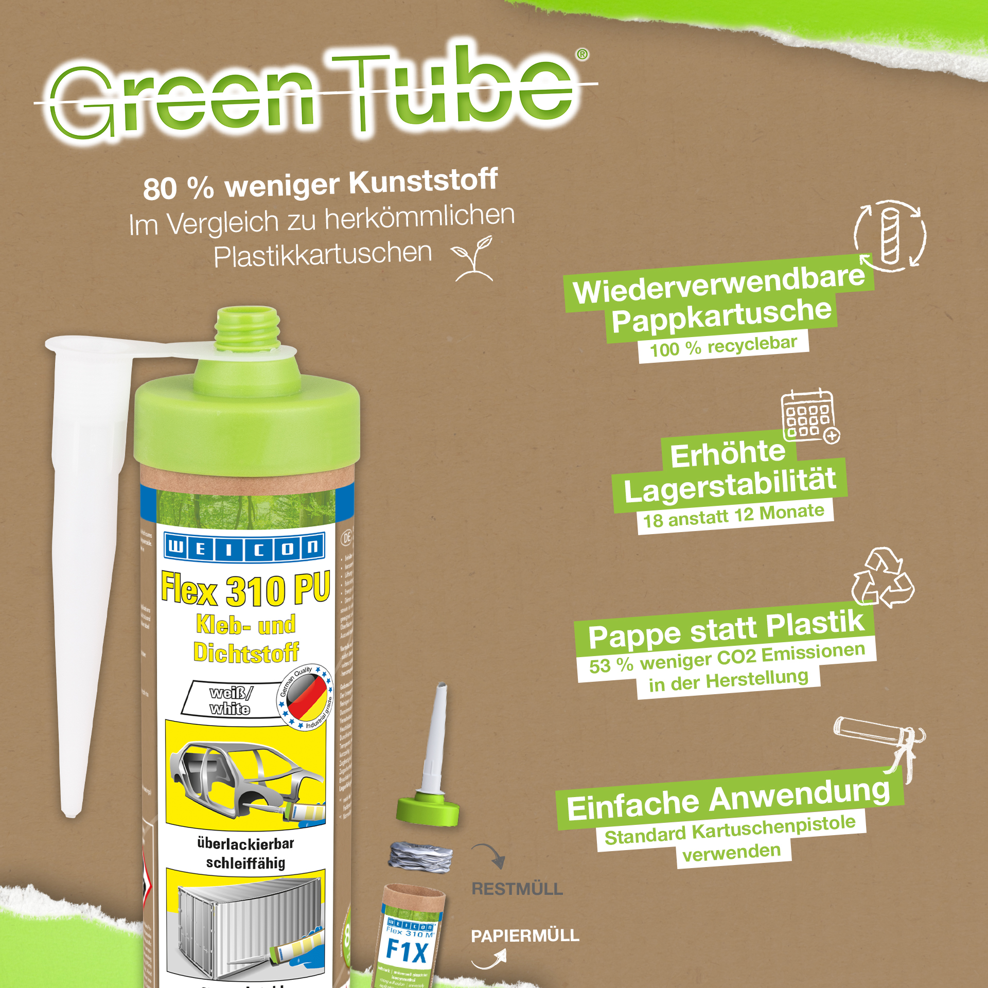 Flex 310 M® Edelstahl | Kleb- und Dichtstoff mit sehr hoher Anfangshaftung in Metalloptik auf MS-Polymer-Basis