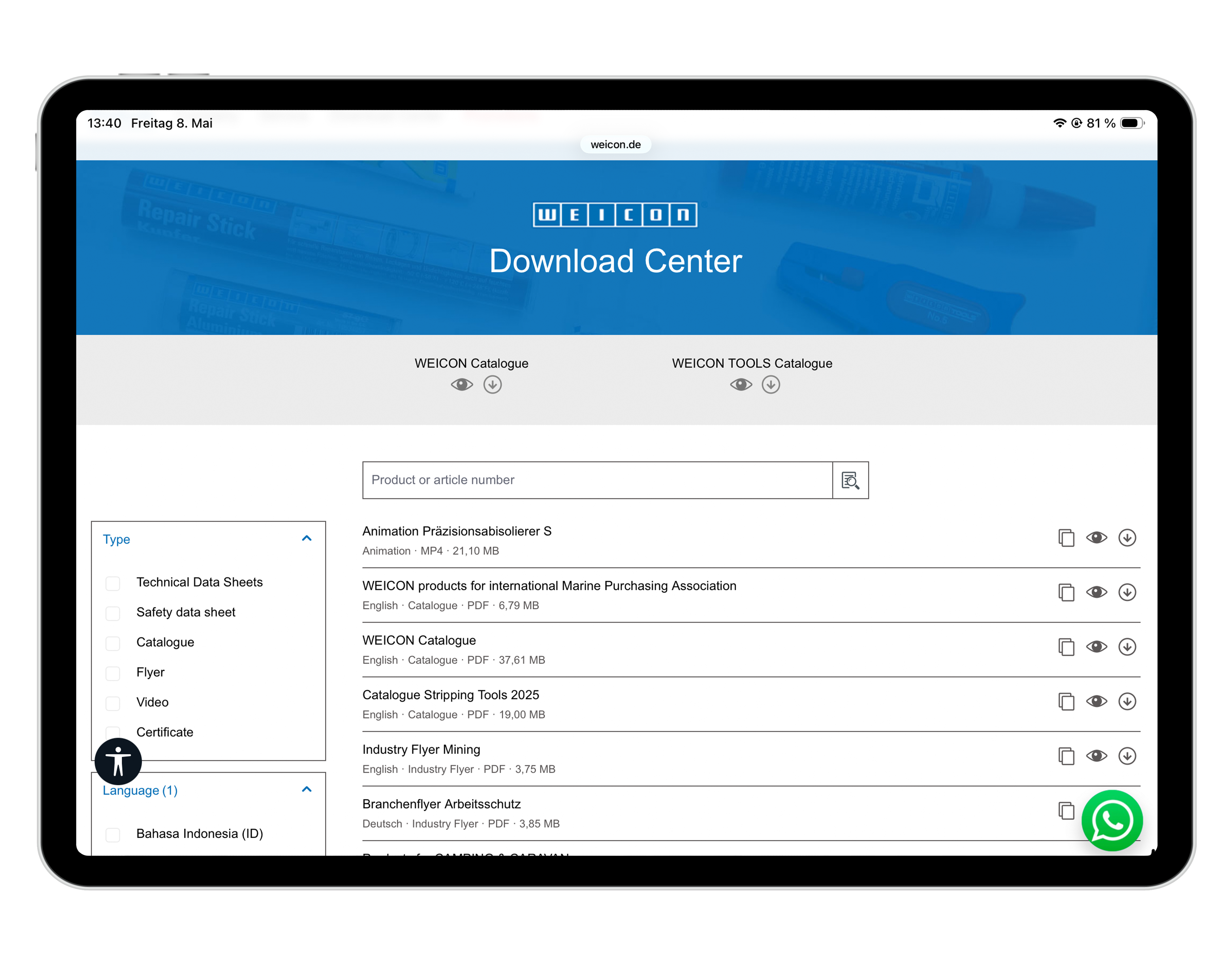 tablet, blue banner, download center, weicon catalog, interface