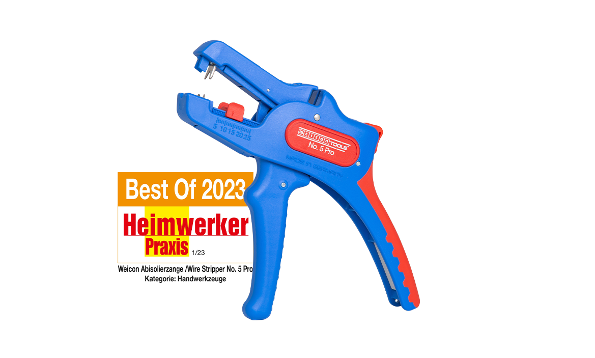 Produktabbildung Weicon Tools Abisolierzange No. 5 Pro, links daneben ist ein Logo von Heimwerker Praxis mit Best of 2023