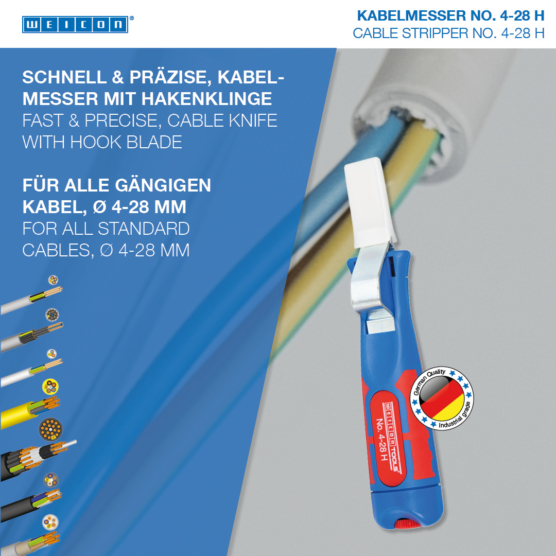 Kabelmesser No. 4 - 28 H | mit 2K-Griff inkl. Hakenklinge und Schutzkappe, Arbeitsbereich 4 - 28 mm Ø