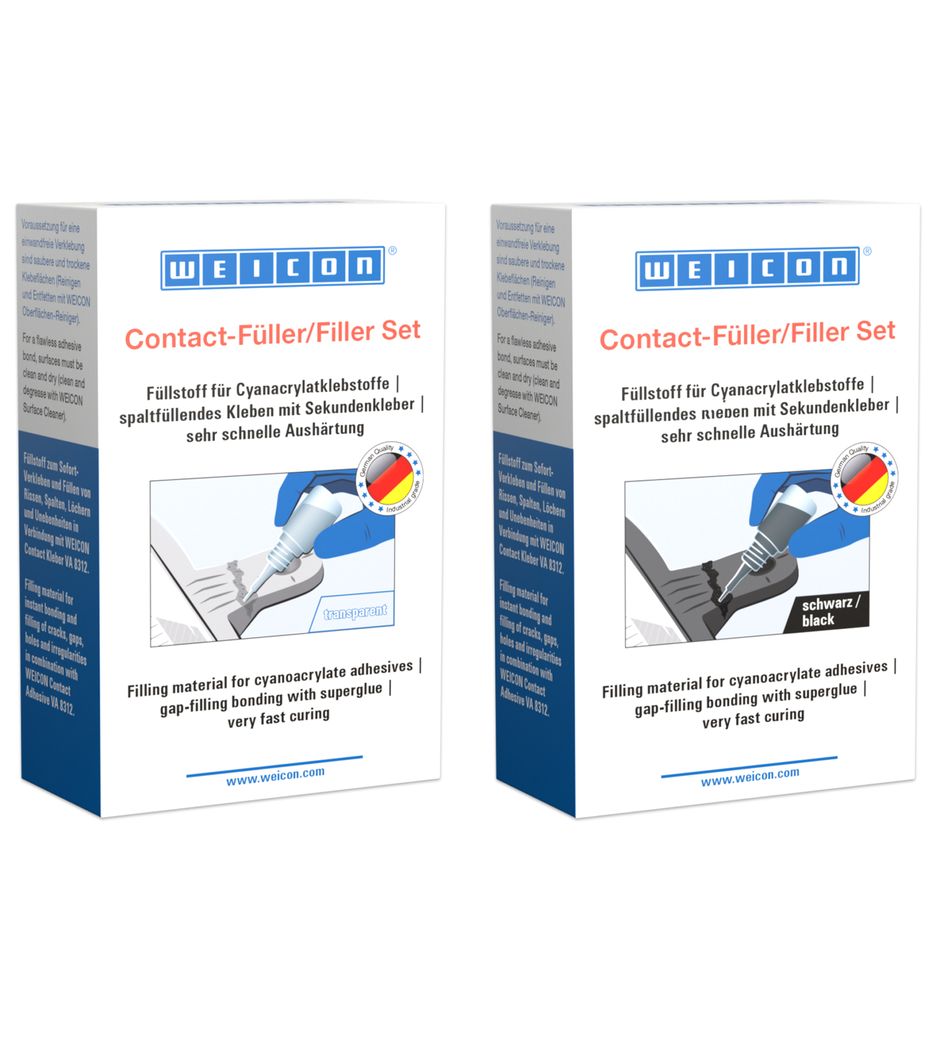 Contact-Füller Set | Set mit einem Cyanacrylatklebstoff und einem Füllstoff zur schnellen Reparatur von Rissen, Spalten usw.