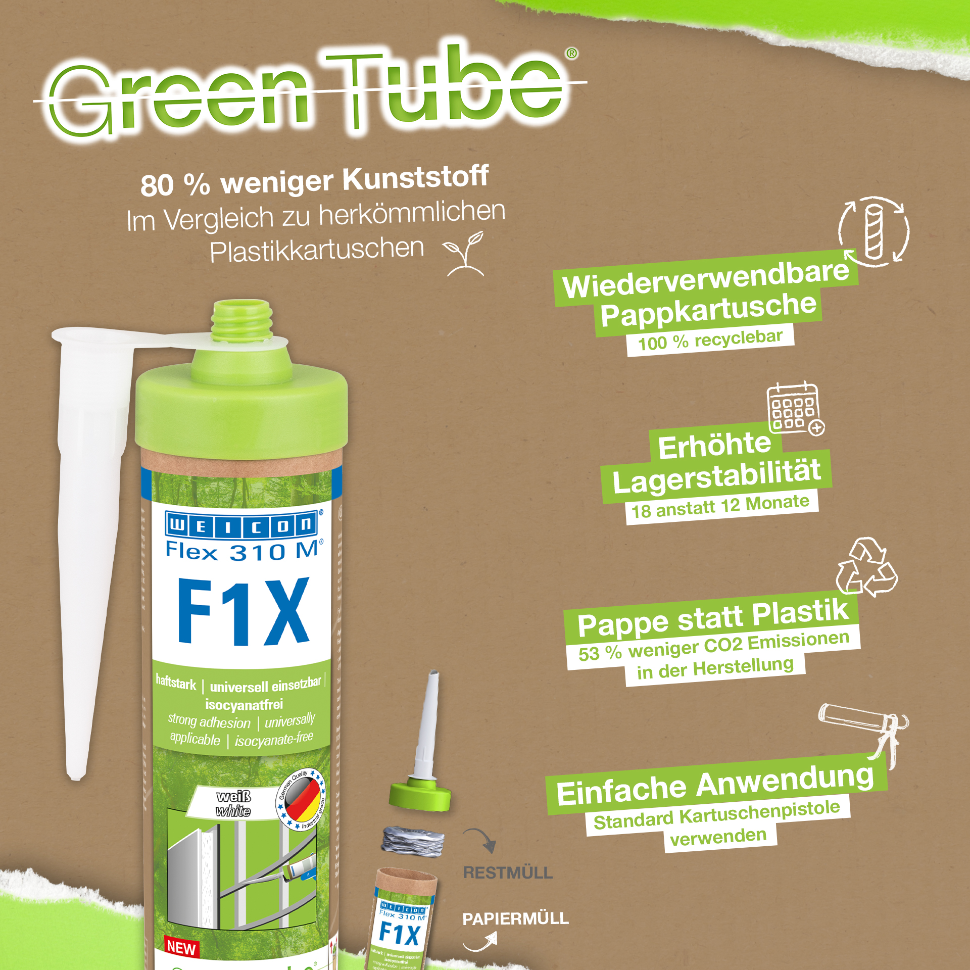 WEICON Green Tube Flex 310 M F1X | Kleb- und Dichtstoff mit sehr hoher Anfangshaftung auf MS-Polymer-Basis, temperaturbeständig bis 180°C