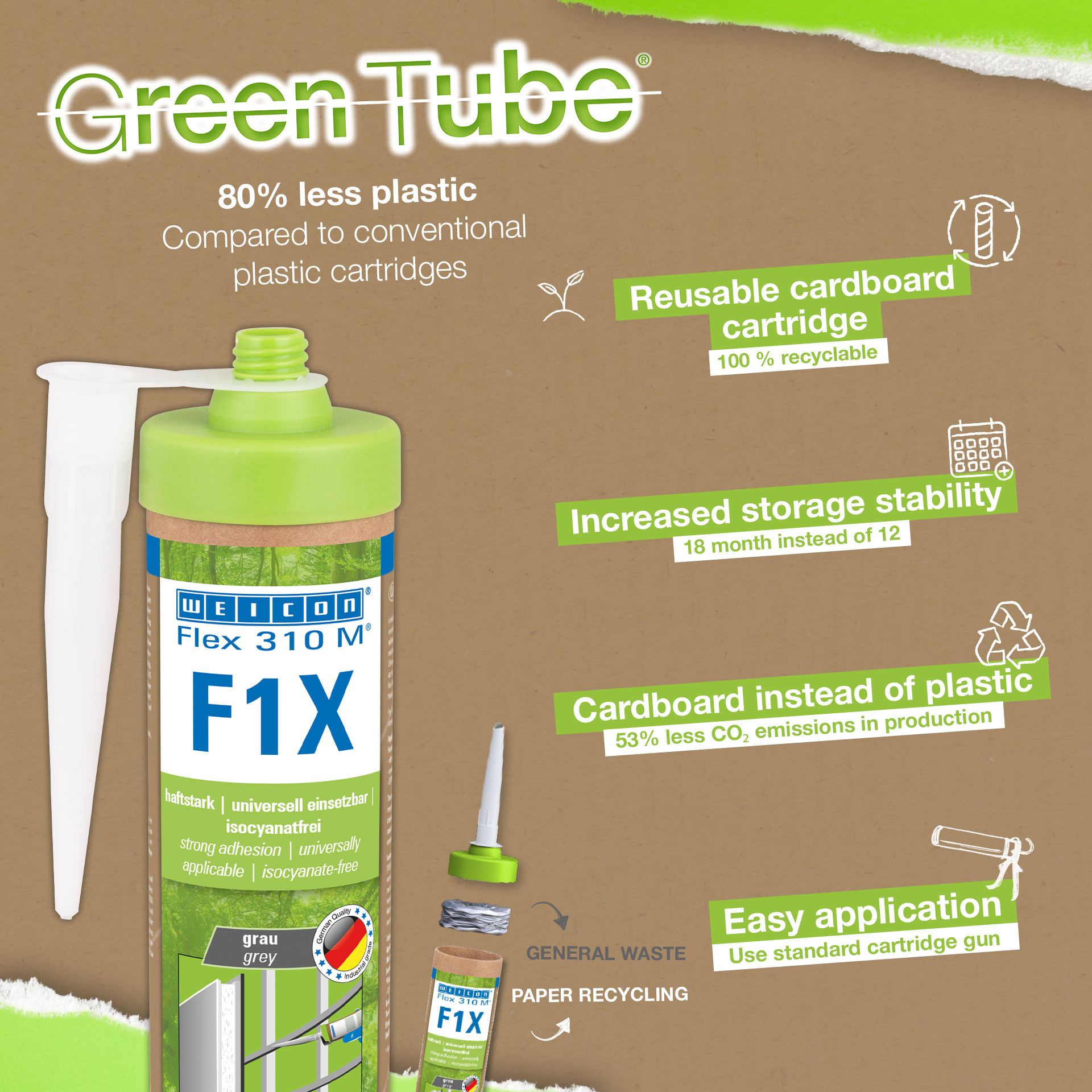 WEICON Green Tube Flex 310 M F1X | Kleb- und Dichtstoff mit sehr hoher Anfangshaftung auf MS-Polymer-Basis, temperaturbeständig bis 180°C