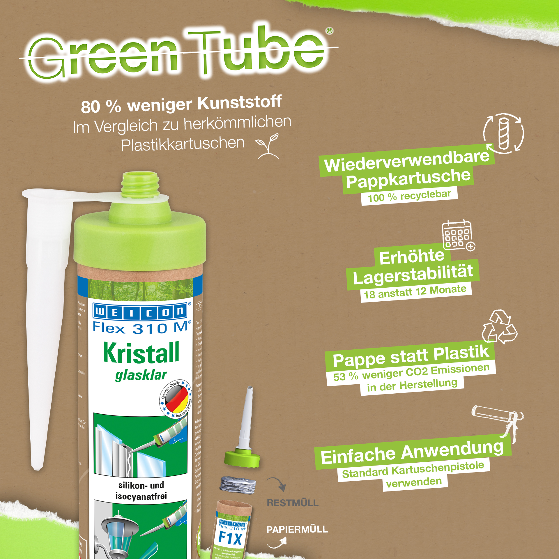 Flex 310 M® Kristall MS-Polymer | elastischer Klebstoff auf MS-Polymer-Basis im Presspack für ermüdungsfreies Arbeiten